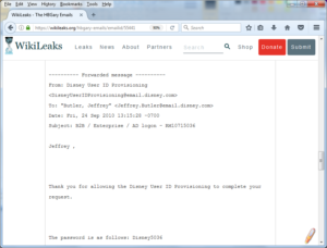 Screenshot from HBGary leaked e-mails on Wiklileaks, relating to setting up external access for a new Disney employee.