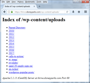Screenshot of Disney website powered by WordPress, which allows indexing. Directories and files are exposed that do not require authentication. Discovered on 10/17/2017.