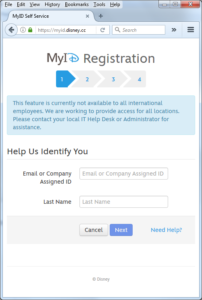 Screenshot of Disney's MyID Registration page, for Disney corporate employees to obtain remote access to various Disney systems.