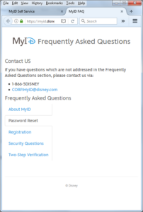 Screenshot of Disney MyID FAQ page, showing the Contact Us page. Gives a toll-free number for Disney employees to call for help obtaining remote access to Disney corporate systems.