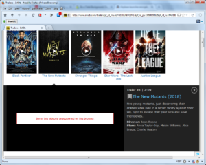 Screenshot of IMDB's webpage displaying an error when trying to play a trailer video.