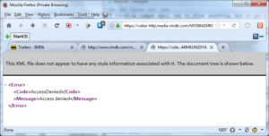 Screenshot of XML error returned by IMDB when attempting to play a video.