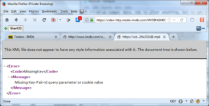 Screenshot of attempt to access IMDB video player directly to access trailer. Error indicating missing parameters.