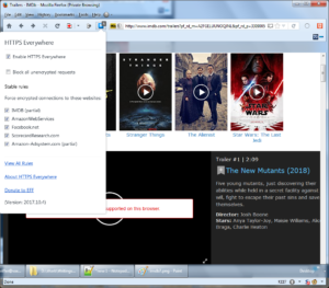 Screenshot of IMDB webpage with video player error message, and showing cause is use of HTTPSEverywhere addon in Firefox. IMDB support is buggy in the addon.