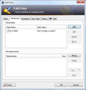 Screenshot of KeePass's Advanced tab of the Edit Entry dialog