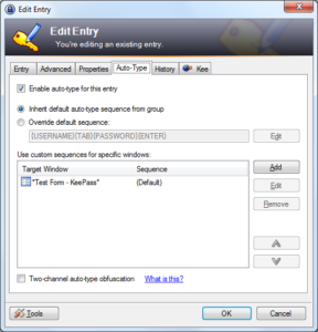 Screenshot of KeePass showing the AutoType tab of the Edit Entry dialog