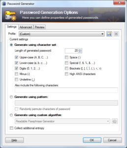 Screenshot of KeePass's Password Generation Options screen