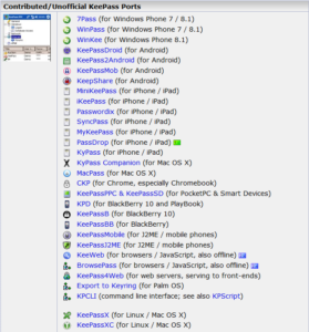 Screenshot of download page from KeePass website at http://keepass.info which shows the many contributed ports.